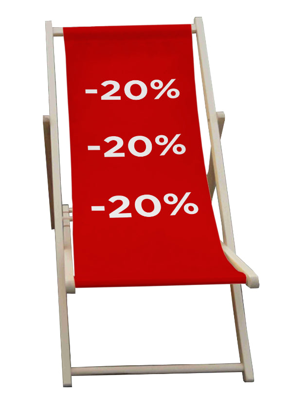 Liegestuhl mit 20% Ausverkauf Muster Farbe Rot für Schaufenster und Geschäfte oder POS